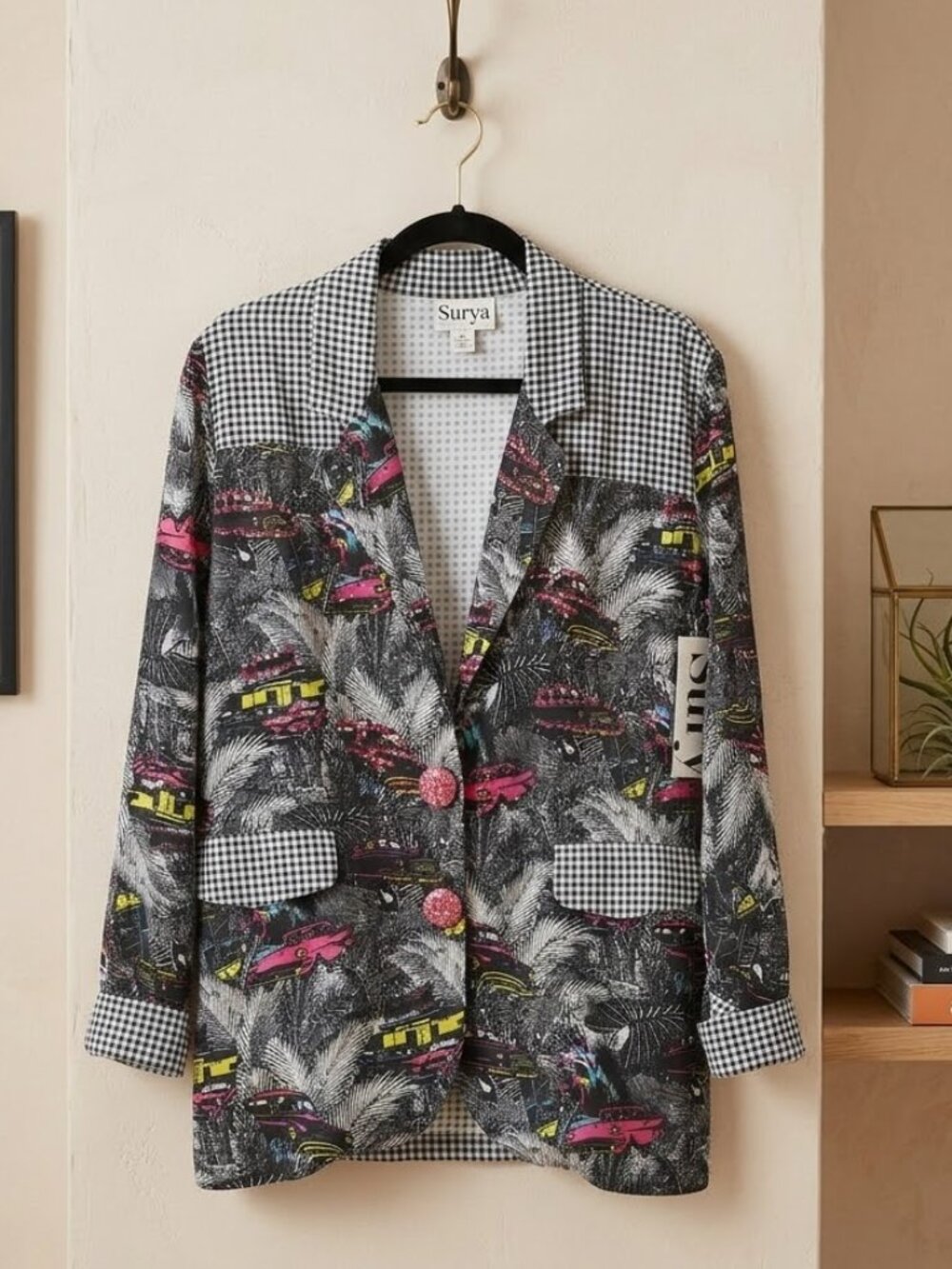 NWT Surya Vintage Car Tropical Gingham Retro Patchwork Sequin Blazer Jacket Rare